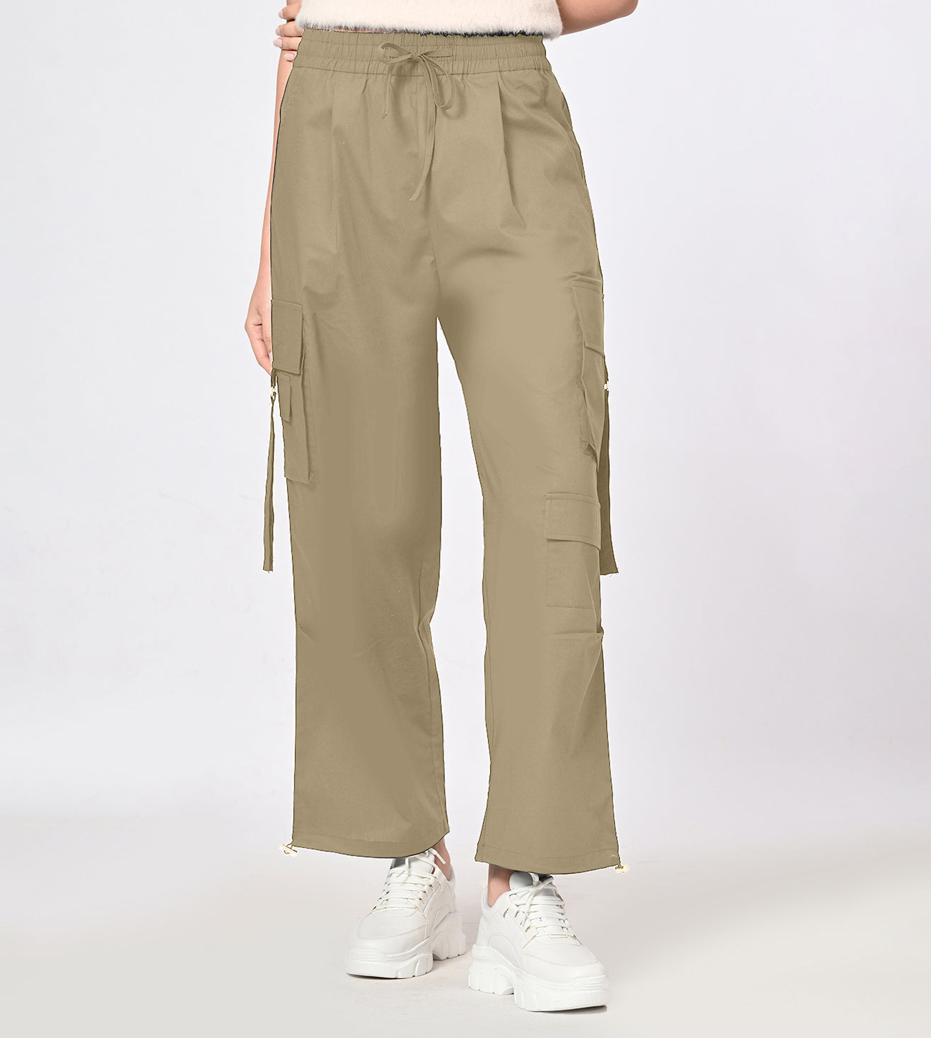 Nylon Blend Khaki Cargo Pants
