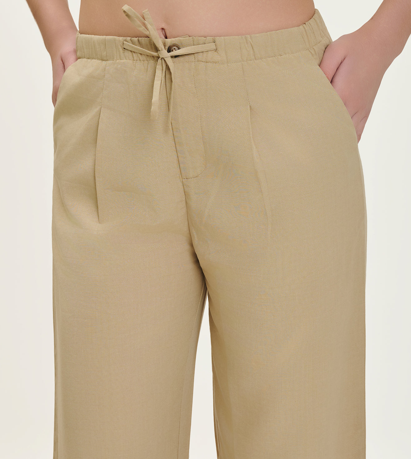 Beige Cotton Linen Blend Relaxed Pants