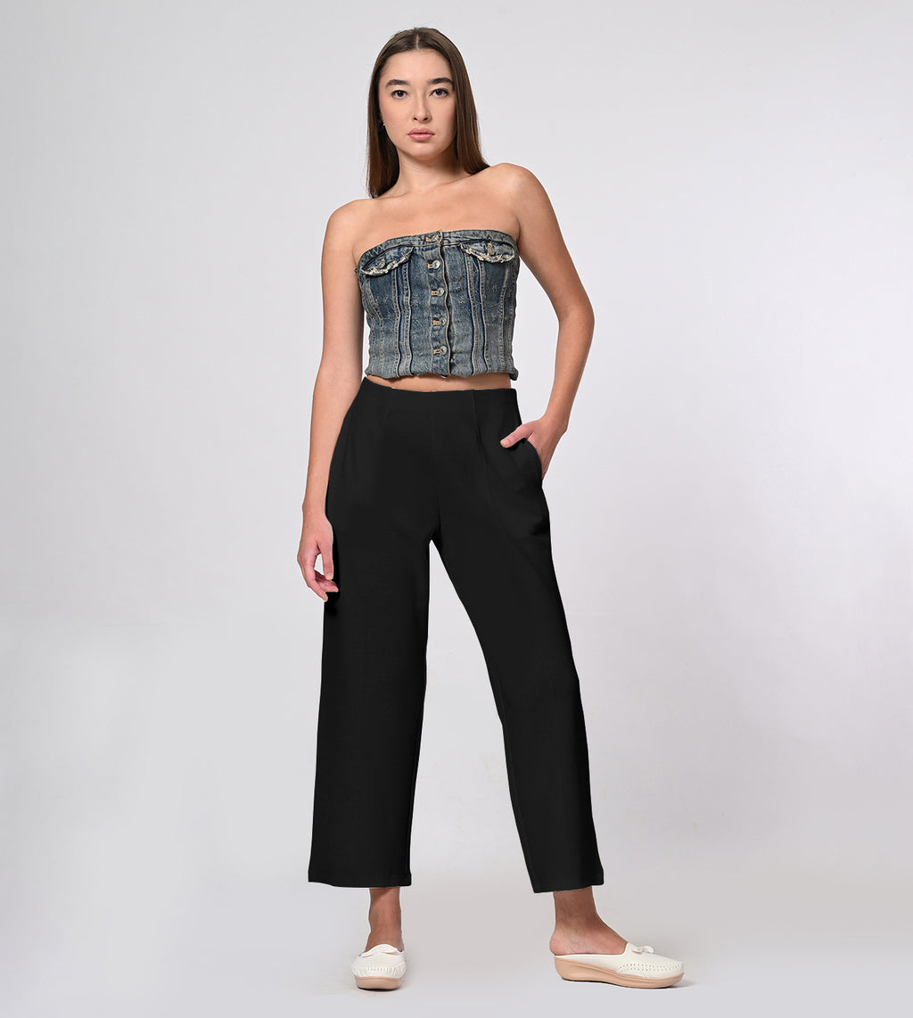 Black Polyester Crepe Wide Leg PullOn Pants