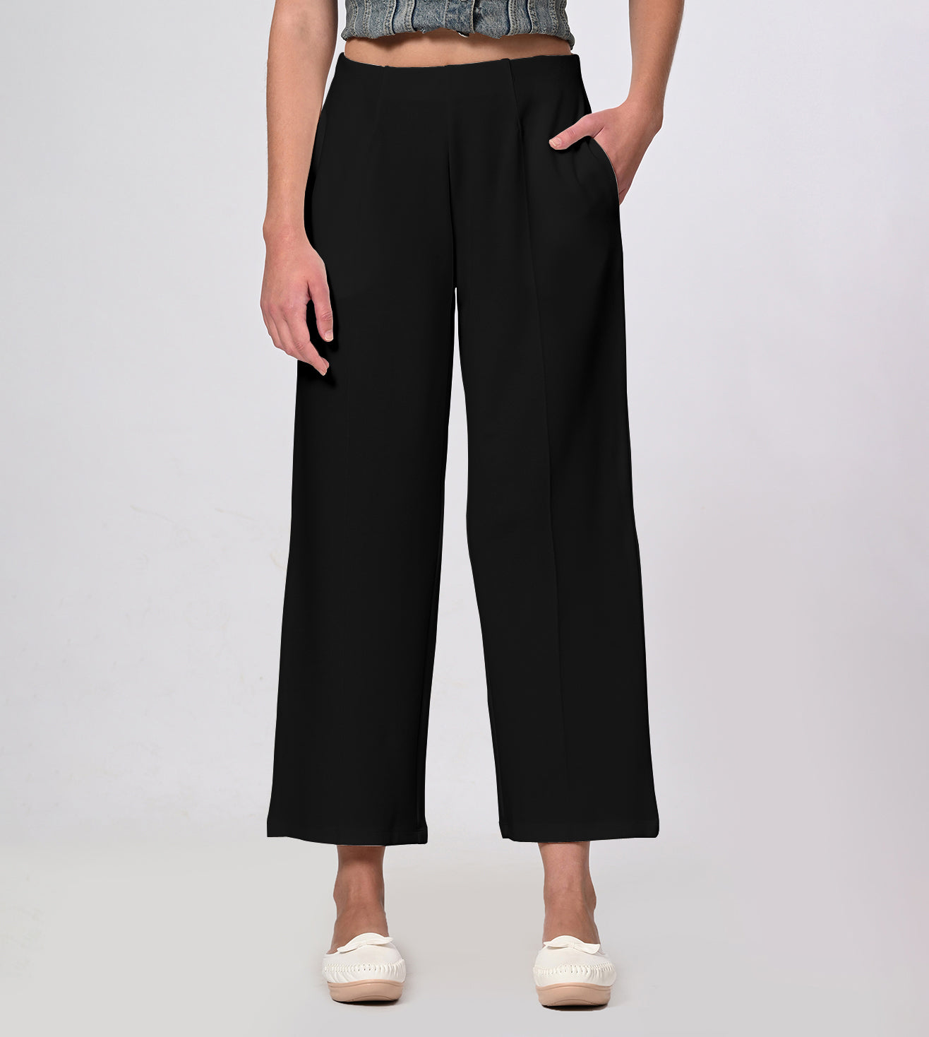 Black Polyester Crepe Wide Leg PullOn Pants
