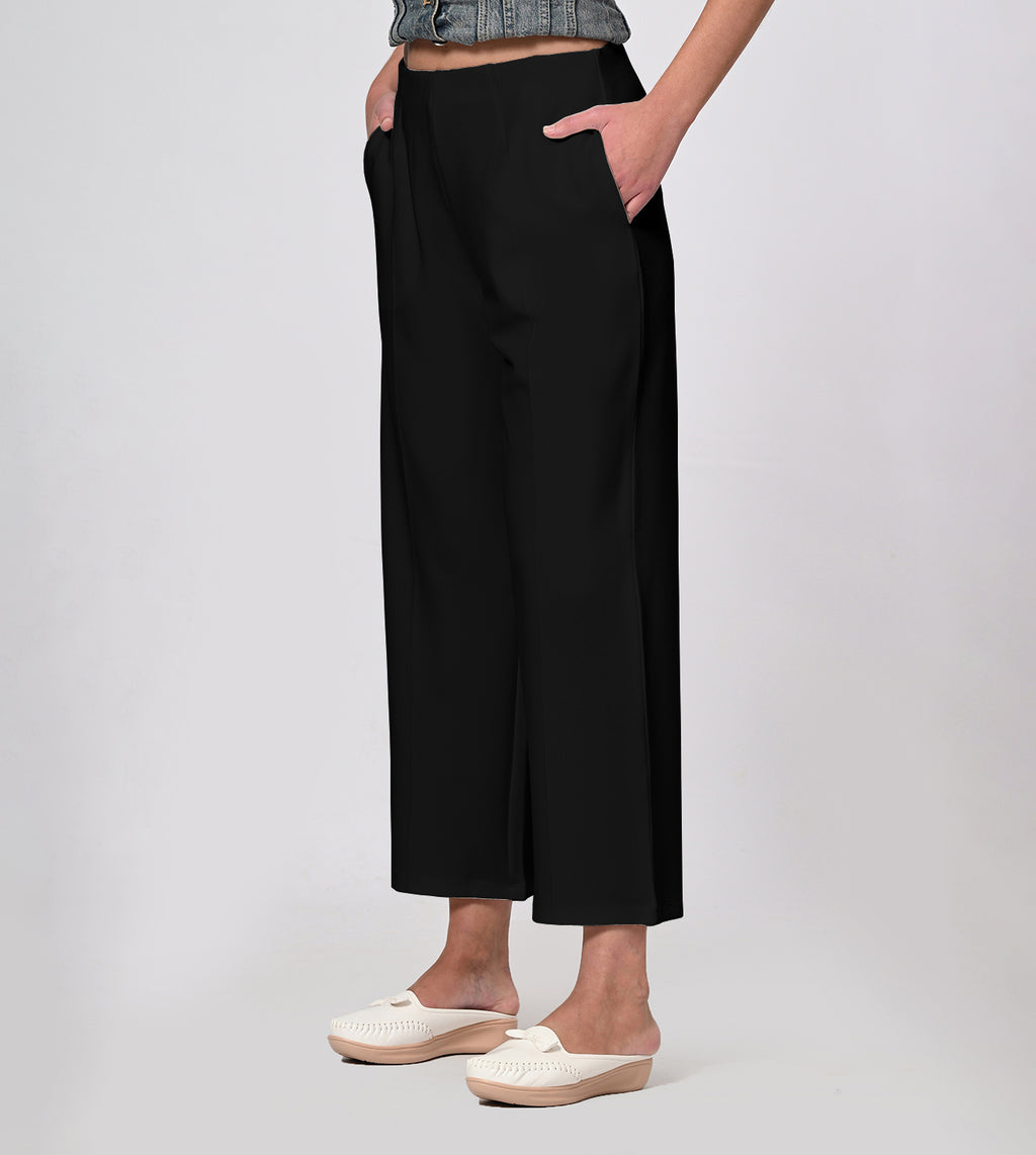 Black Polyester Crepe Wide Leg PullOn Pants