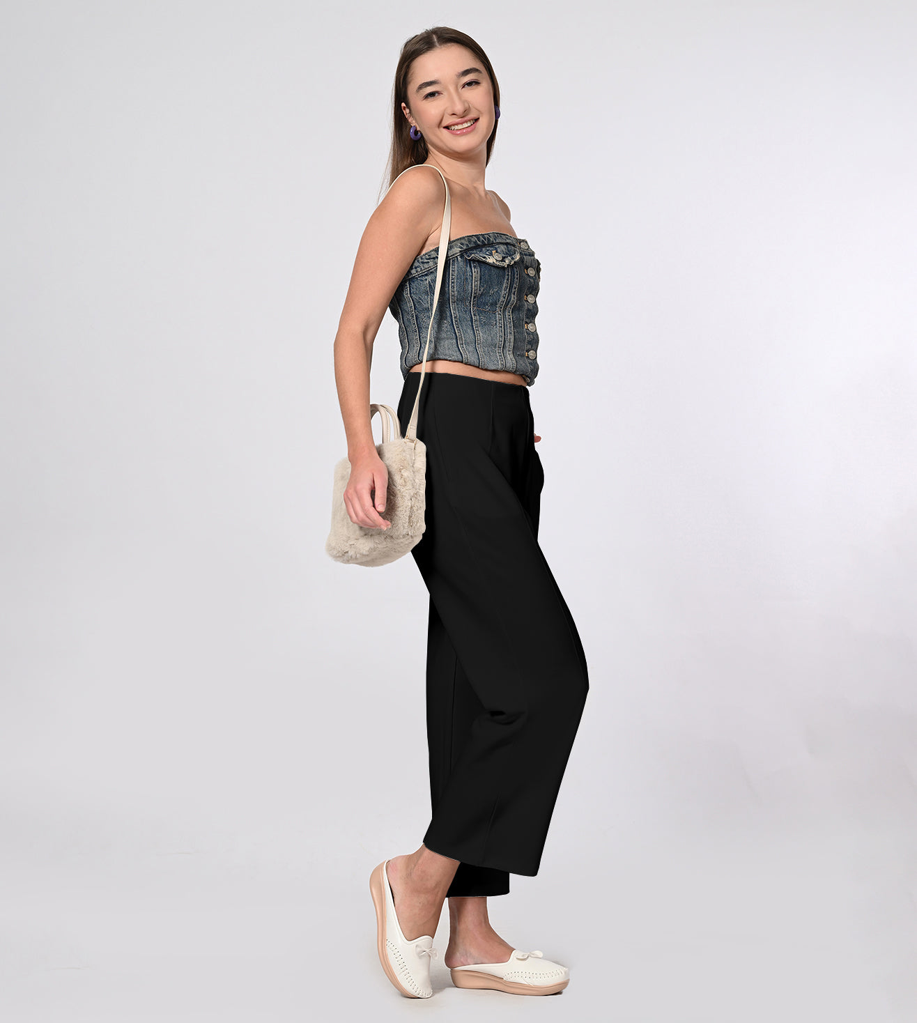 Black Polyester Crepe Wide Leg PullOn Pants