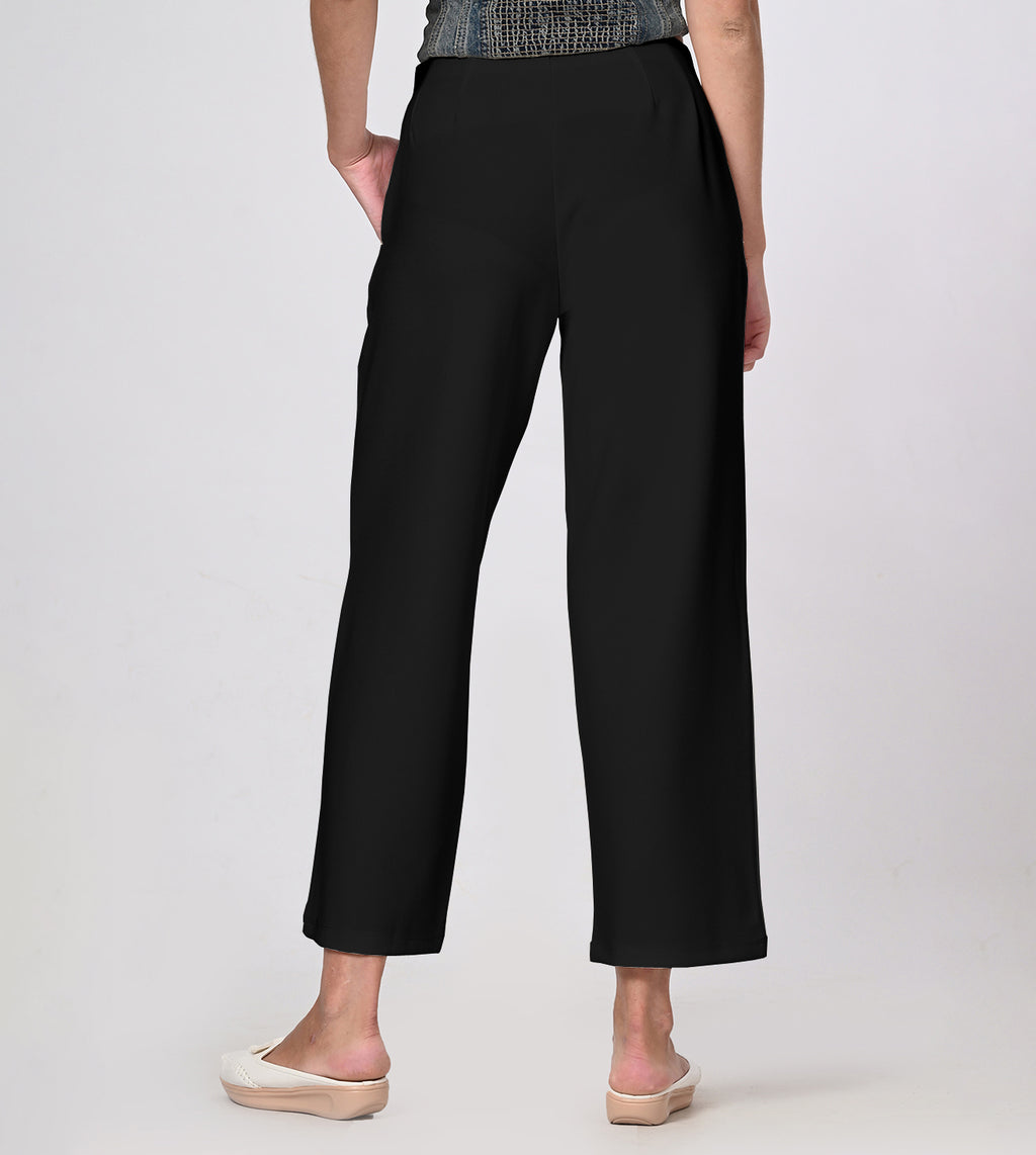 Black Polyester Crepe Wide Leg PullOn Pants