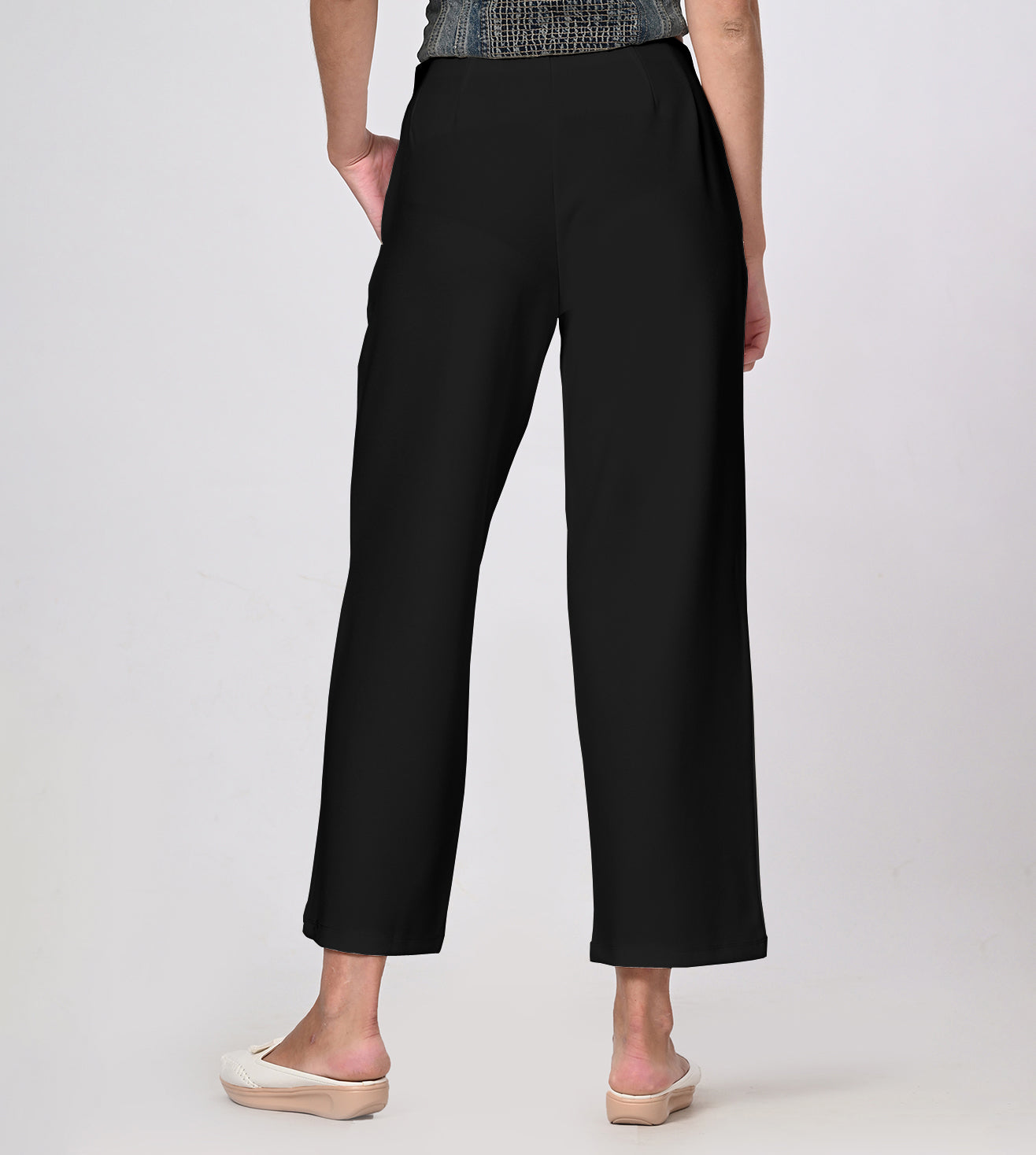 Black Polyester Crepe Wide Leg PullOn Pants