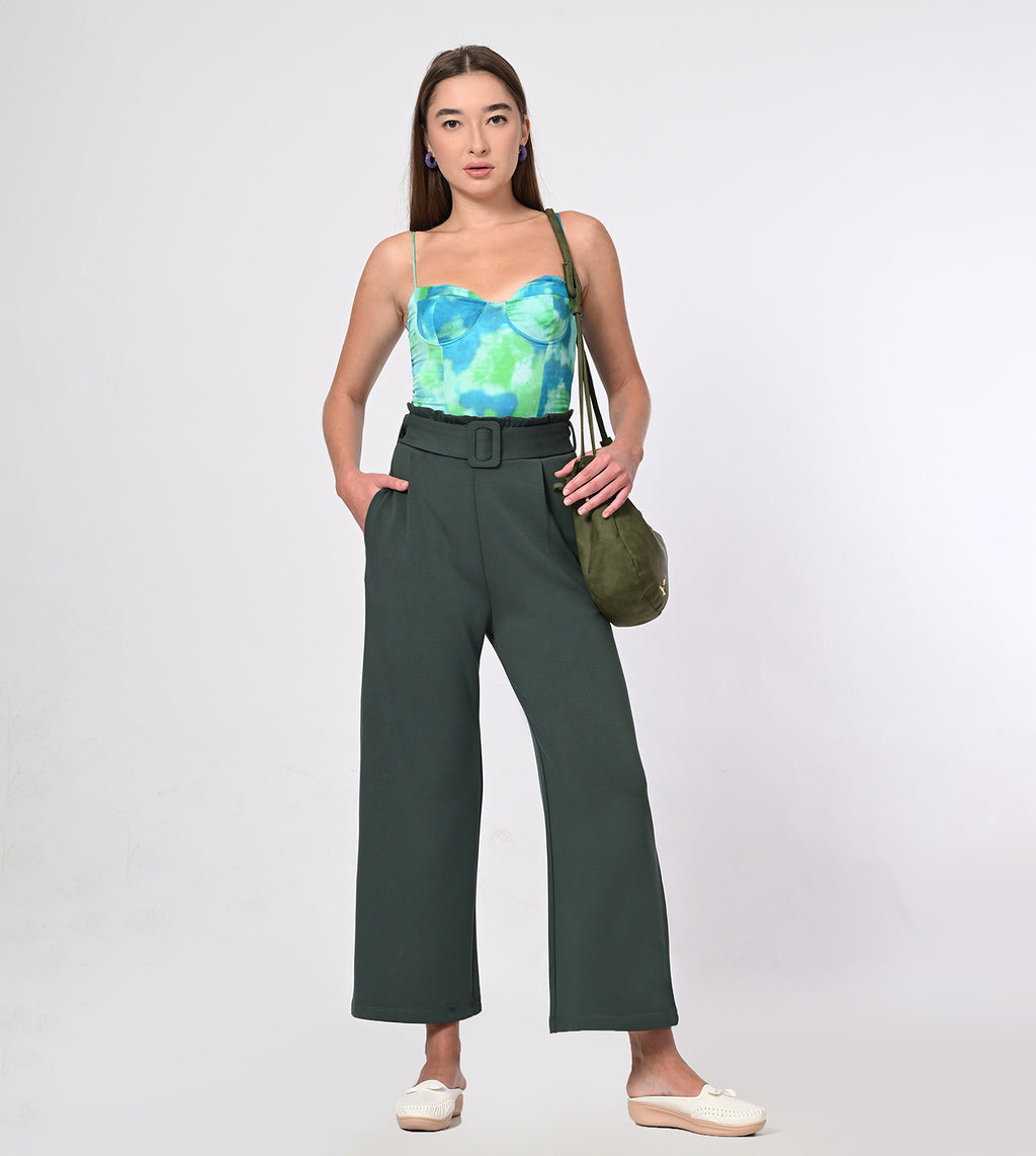 Dark Green Modal Belted Wide Leg Pants