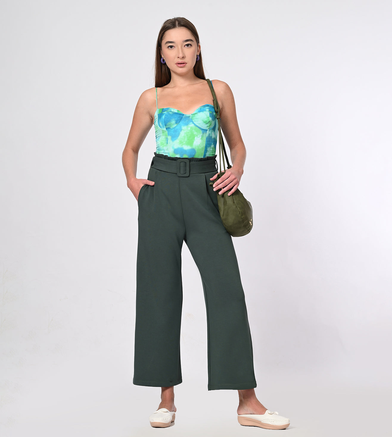 Dark Green Modal Belted Wide Leg Pants