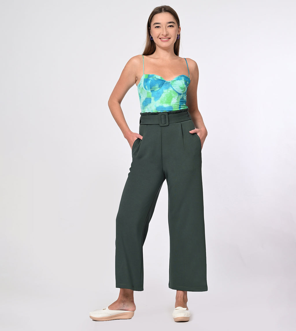 Dark Green Modal Belted Wide Leg Pants