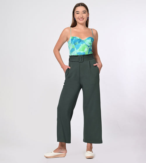Dark Green Modal Belted Wide Leg Pants