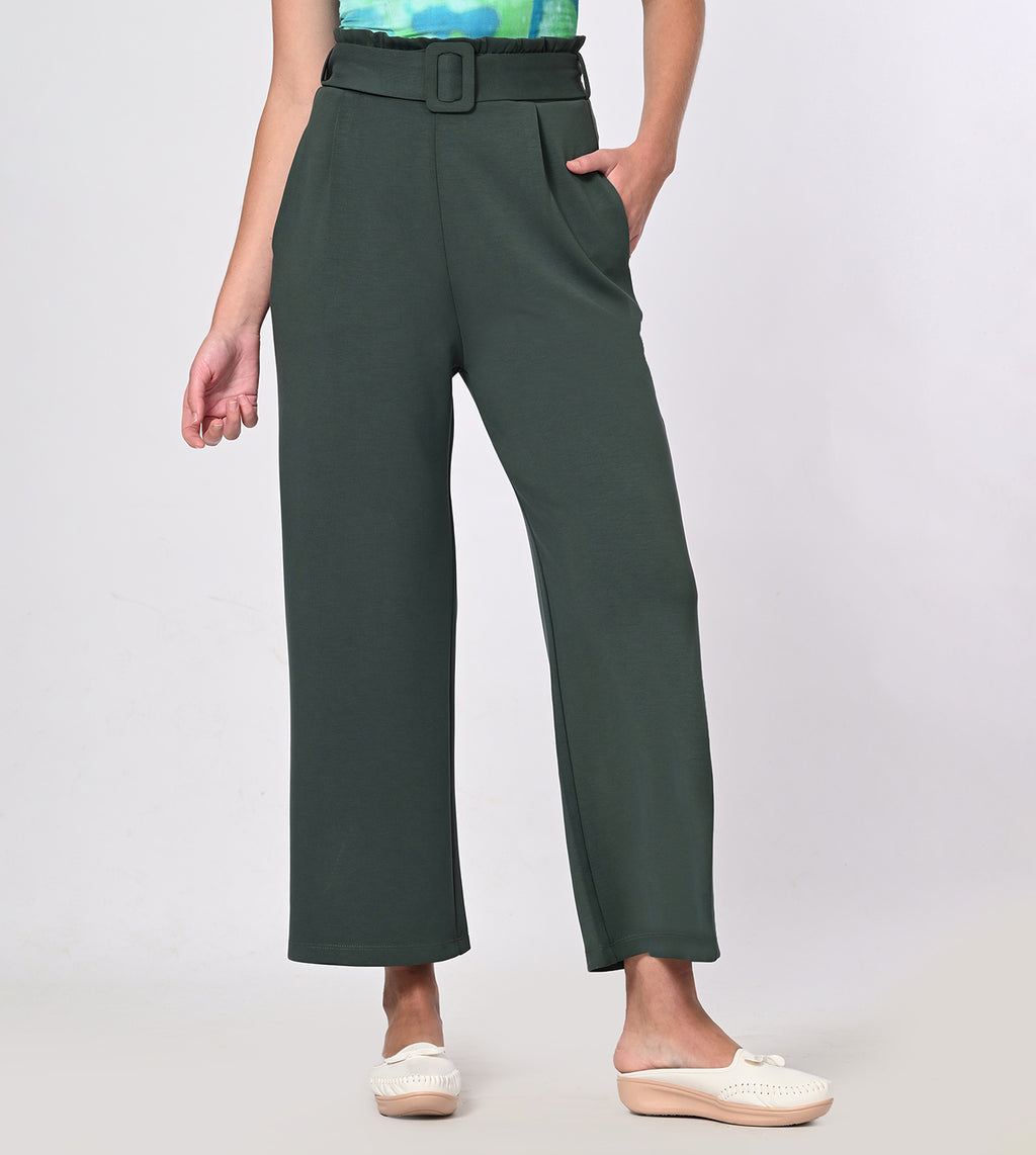 Dark Green Modal Belted Wide Leg Pants