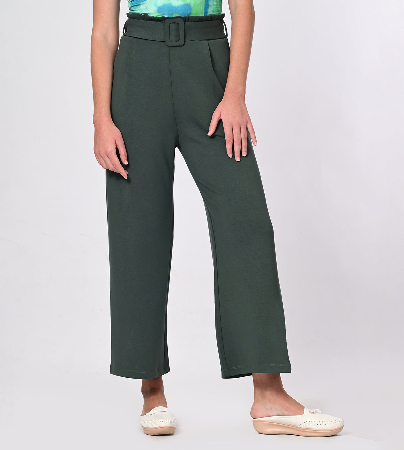 Dark Green Modal Belted Wide Leg Pants