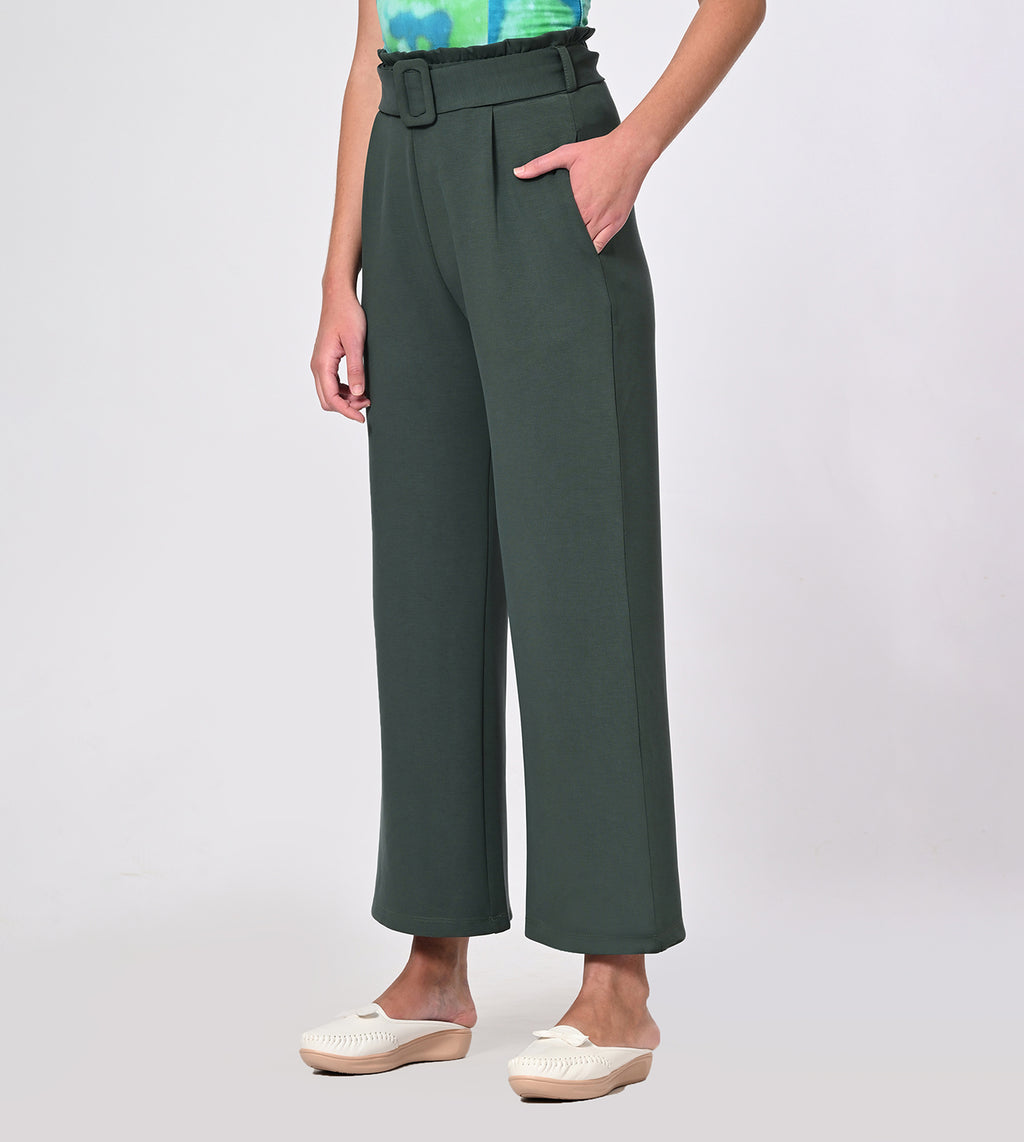 Dark Green Modal Belted Wide Leg Pants