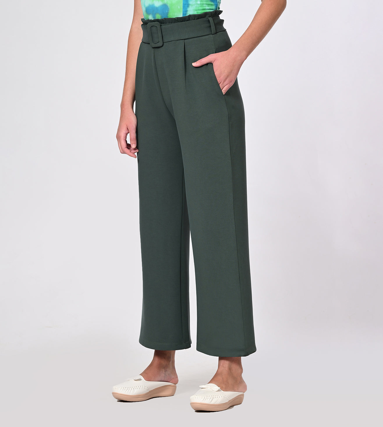 Dark Green Modal Belted Wide Leg Pants