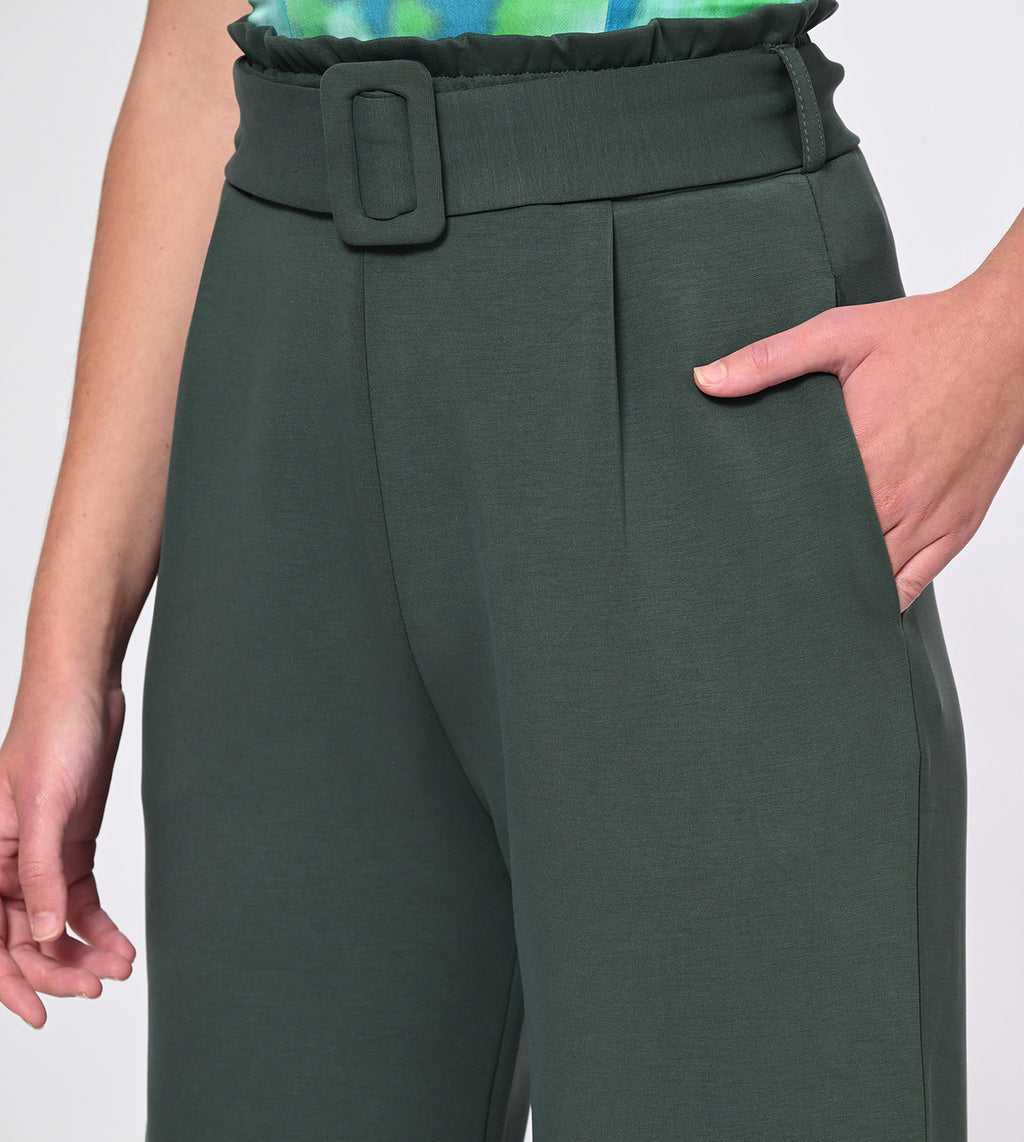 Dark Green Modal Belted Wide Leg Pants