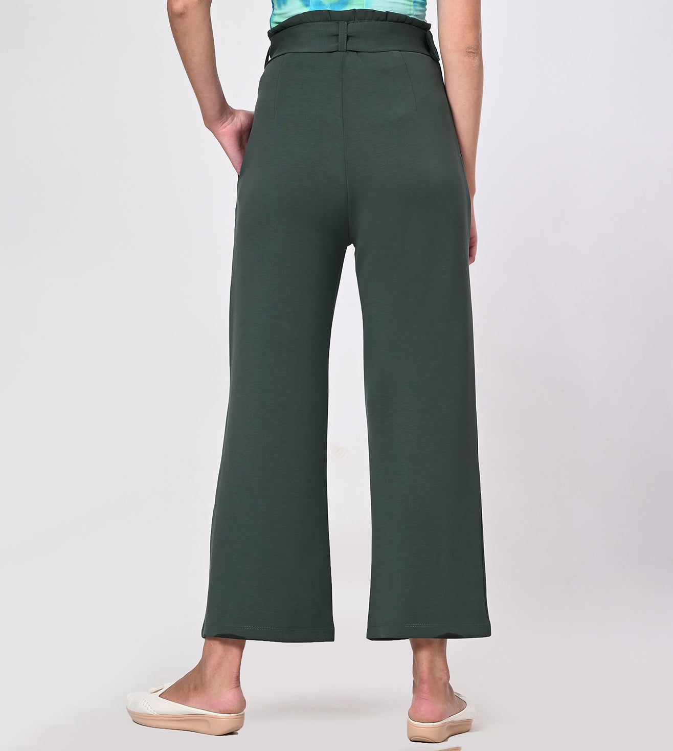 Dark Green Modal Belted Wide Leg Pants