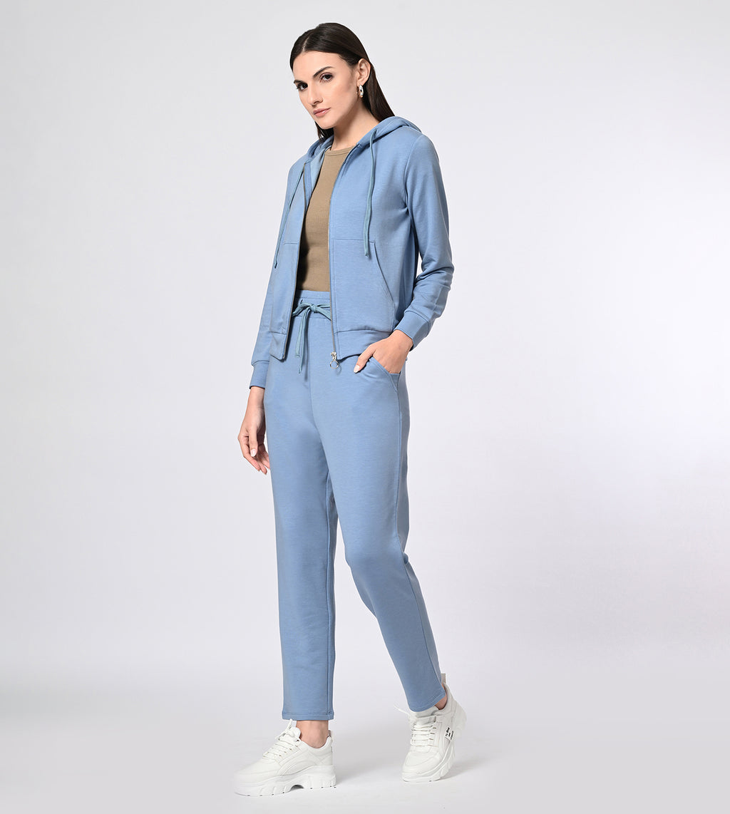 Peach Blue Modal Fleece Hooded Coord Track Suit Set