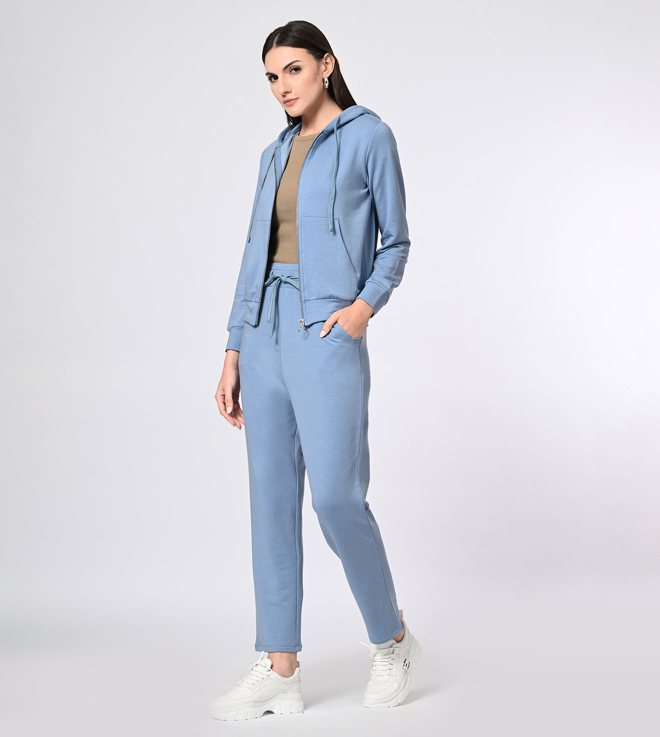 Peach Blue Modal Fleece Hooded Coord Track Suit Set