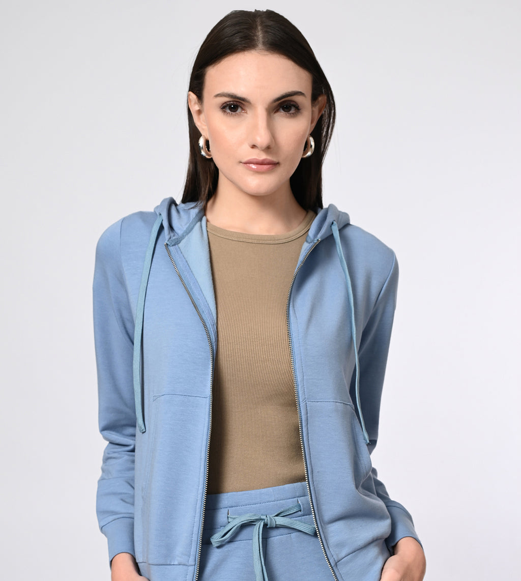 Peach Blue Modal Fleece Hooded Coord Track Suit Set