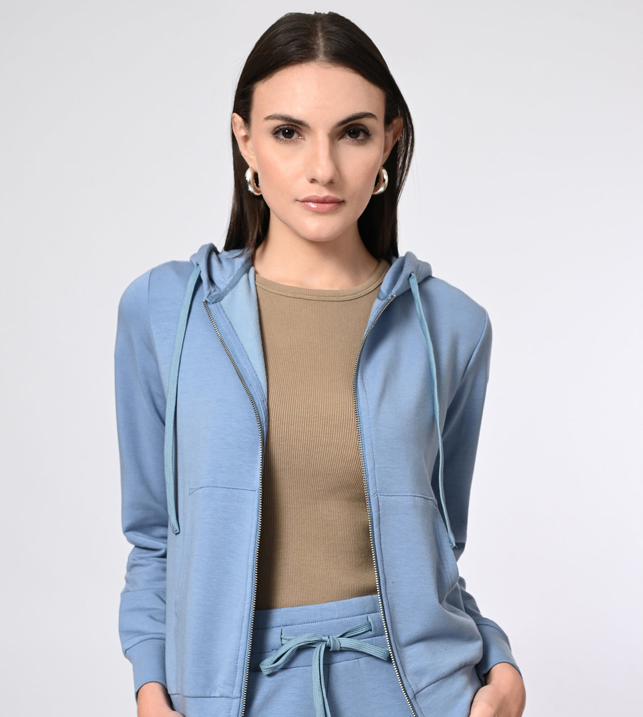 Peach Blue Modal Fleece Hooded Coord Track Suit Set