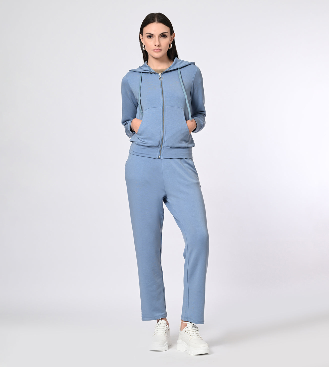 Peach Blue Modal Fleece Hooded Coord Track Suit Set