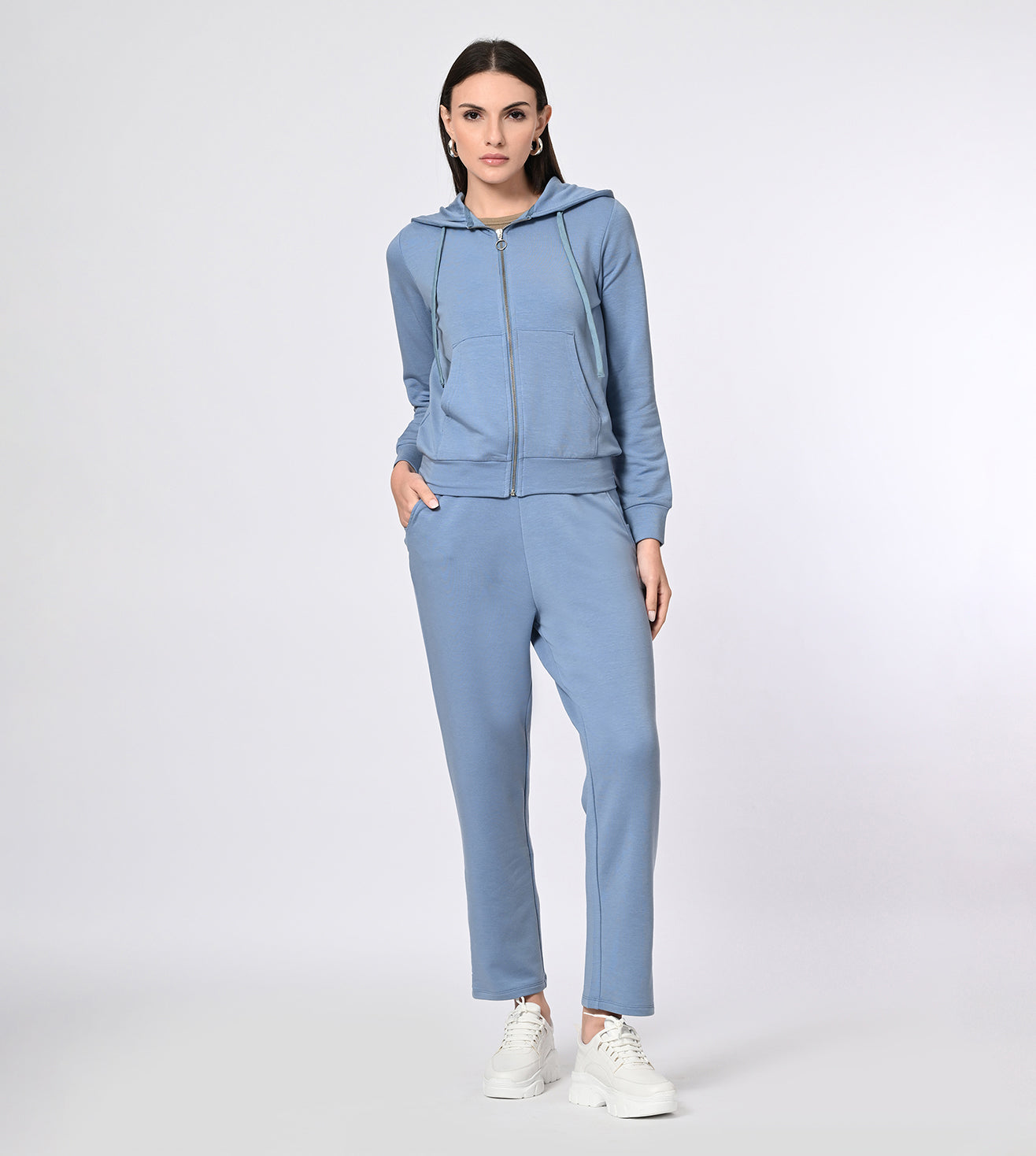 Peach Blue Modal Fleece Hooded Coord Track Suit Set