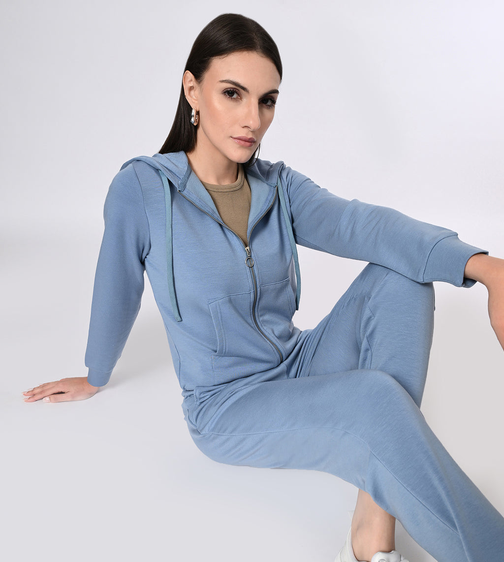 Peach Blue Modal Fleece Hooded Coord Track Suit Set