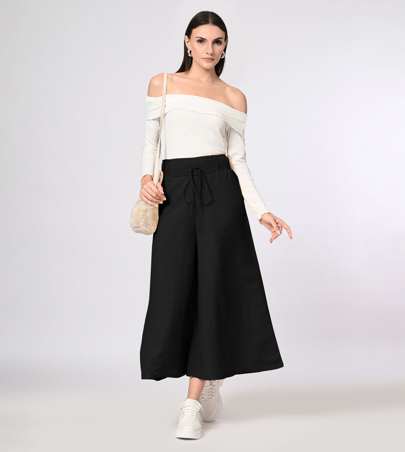 Cotton Linen Blend Black Wide Fit Culottes