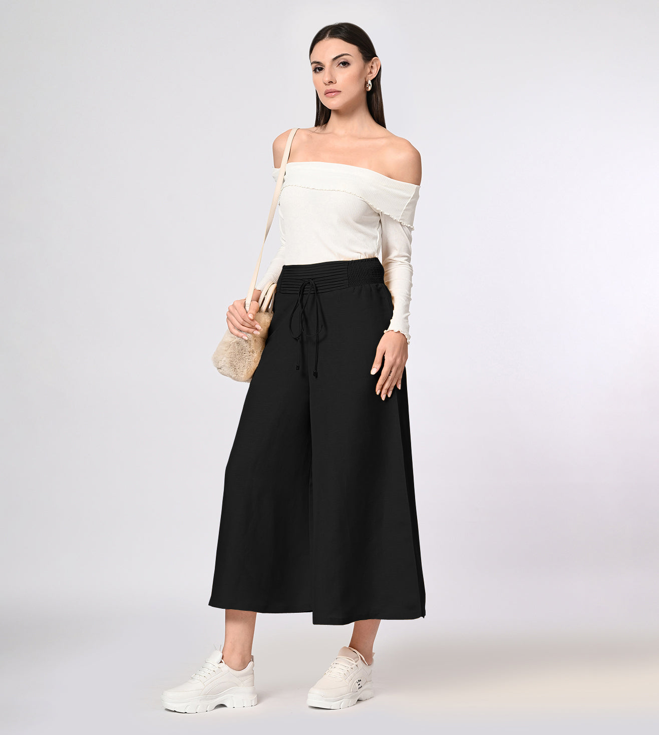 Cotton Linen Blend Black Wide Fit Culottes