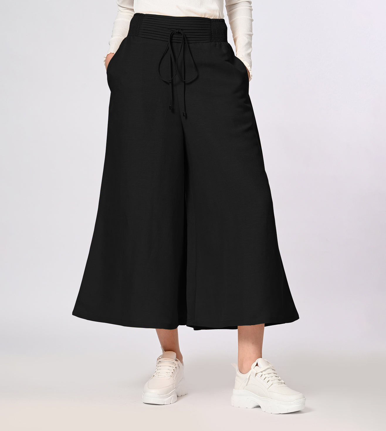 Cotton Linen Blend Black Wide Fit Culottes