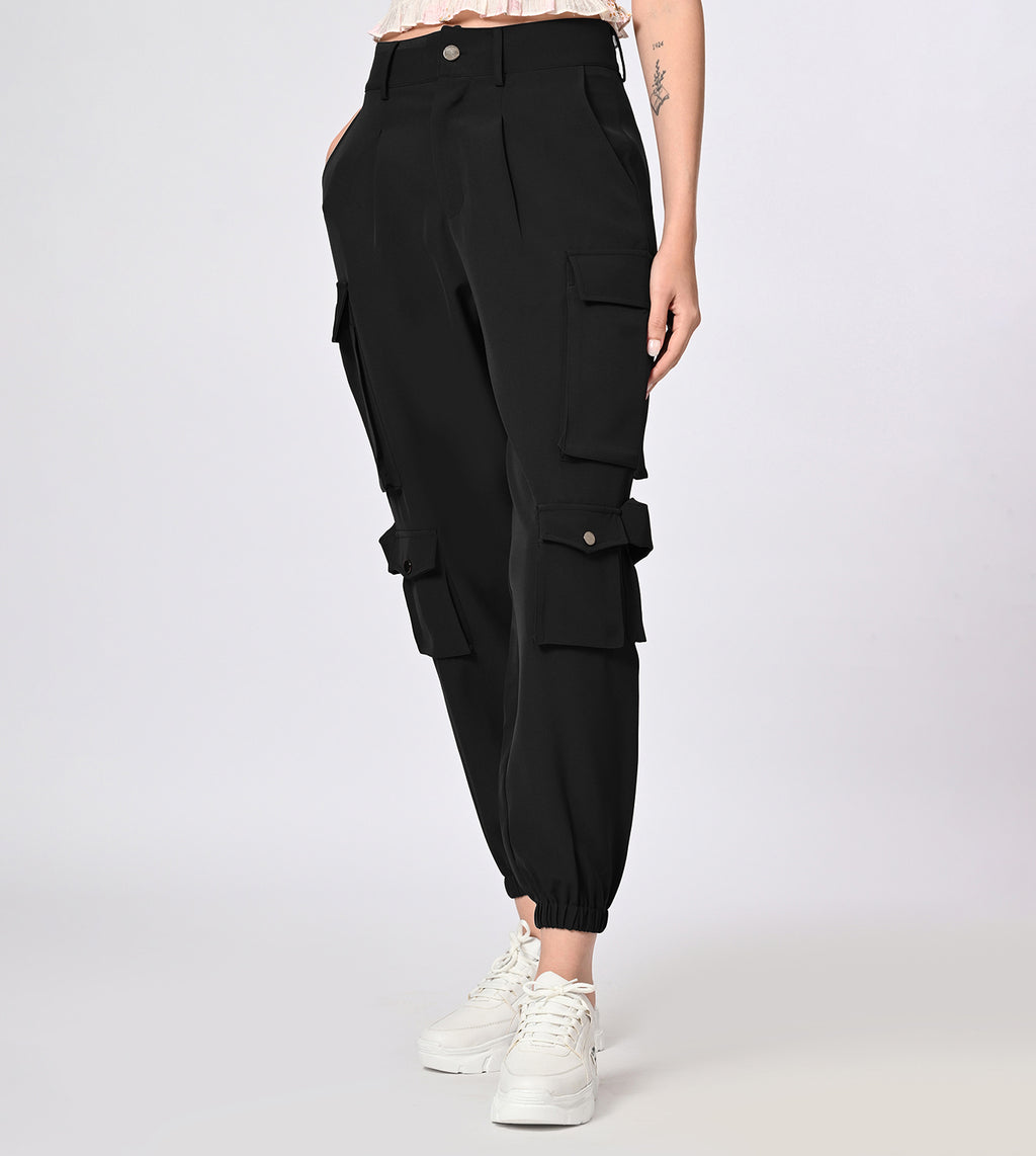 Polyester Spandex Black Cargo Pants