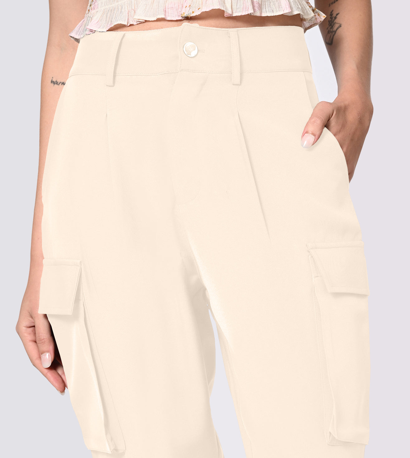 Polyester Spandex Beige Cargo Pants