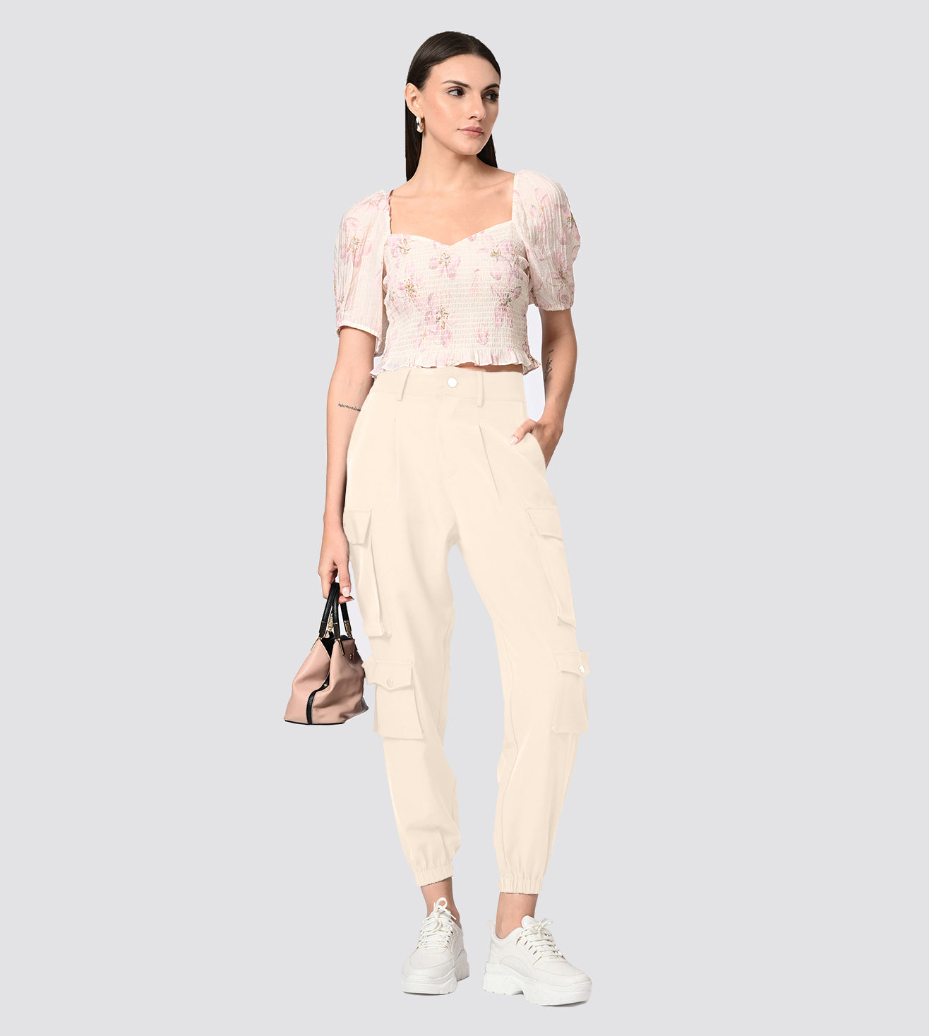 Polyester Spandex Beige Cargo Pants