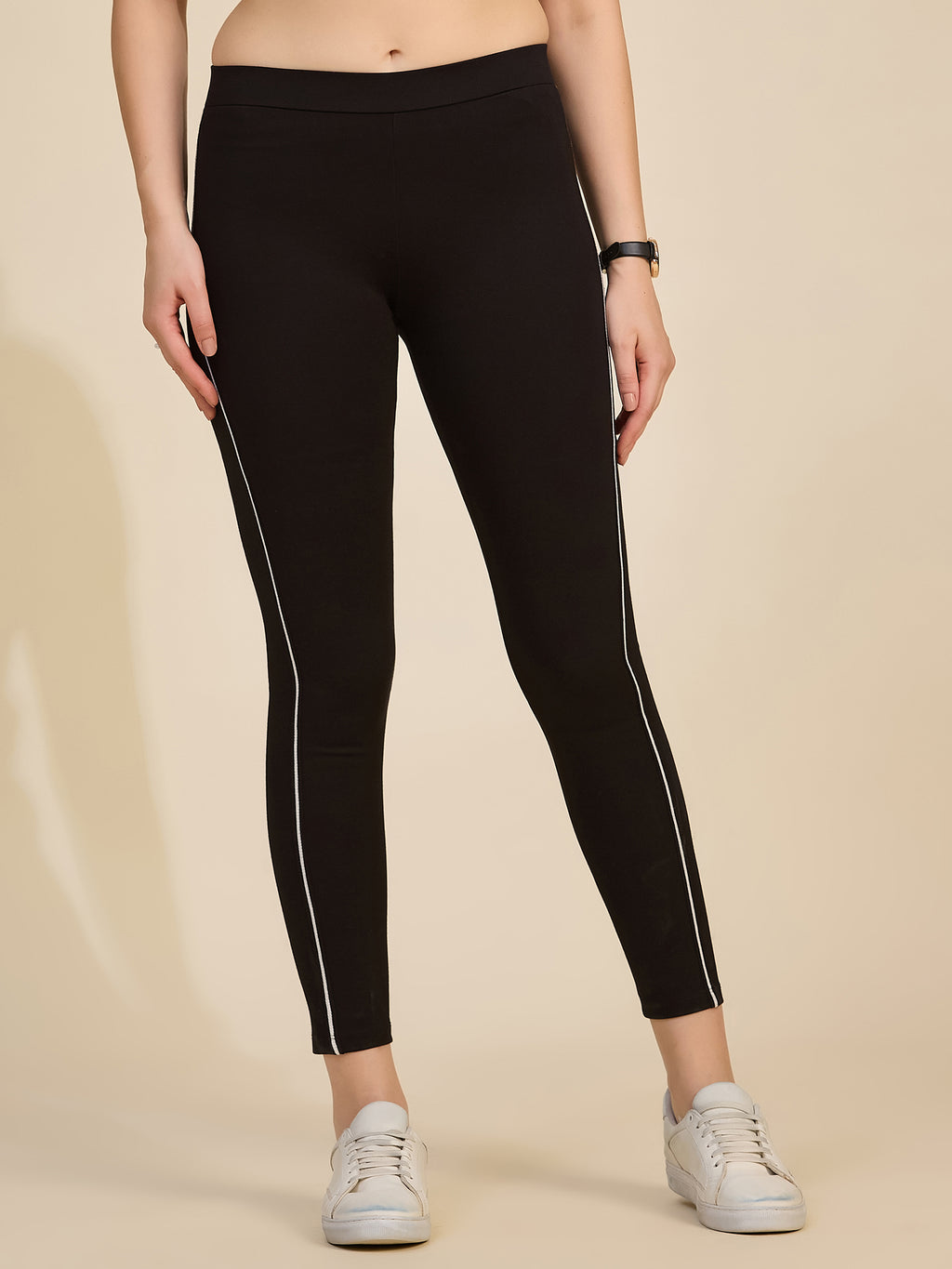 Black Women's High-Rise Side Piping Ponte Roma Leggings