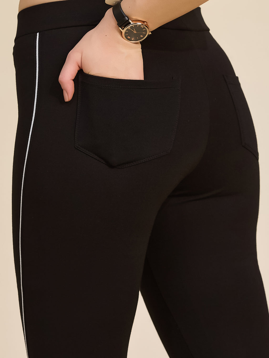 Black Women's High-Rise Side Piping Ponte Roma Leggings