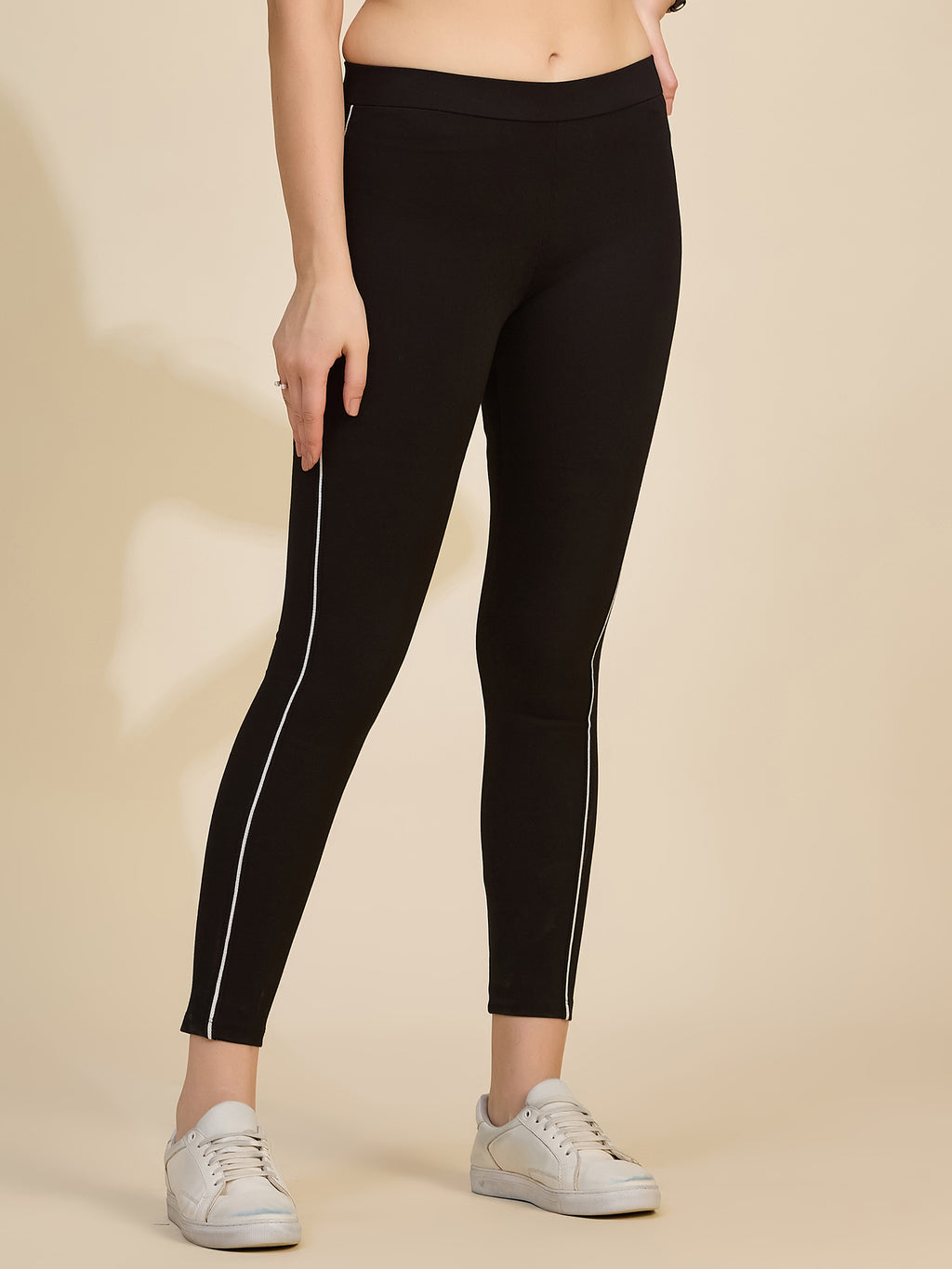 Black Women's High-Rise Side Piping Ponte Roma Leggings