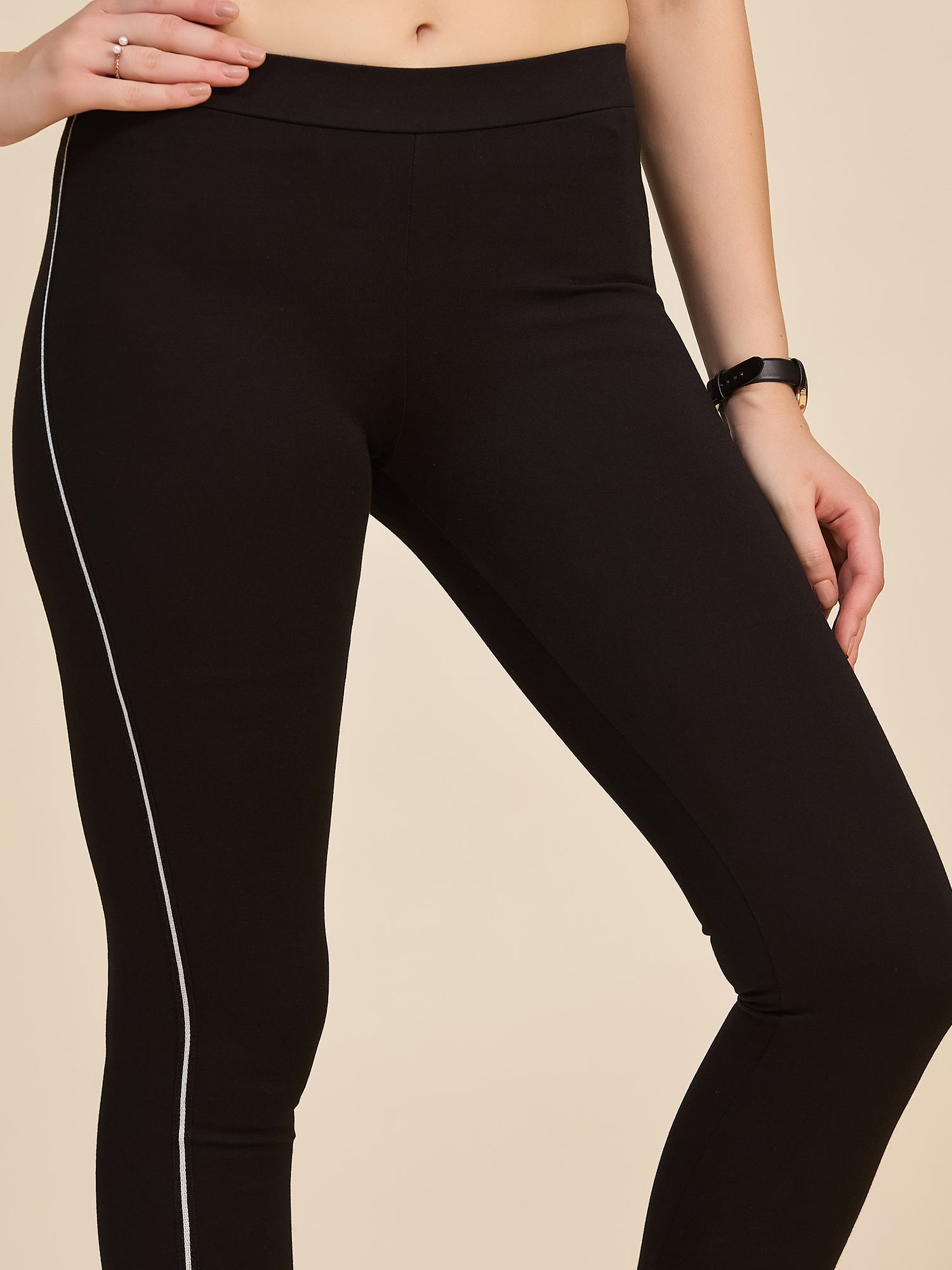 Black Women's High-Rise Side Piping Ponte Roma Leggings