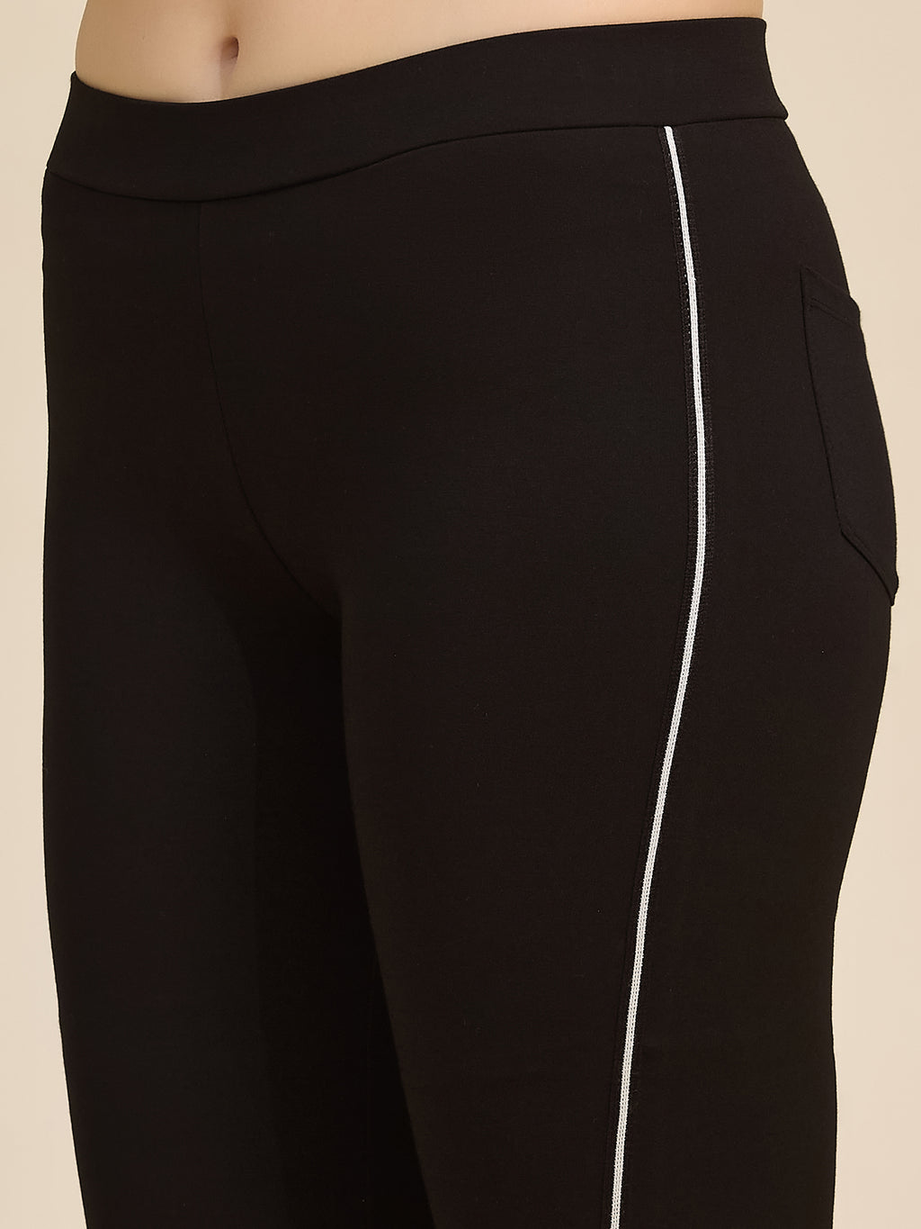 Black Women's High-Rise Side Piping Ponte Roma Leggings