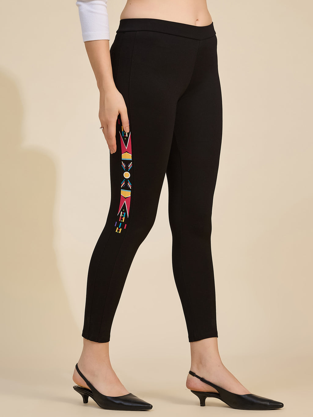 Black Women's High-Rise Printed Detail Ponte Roma Leggings
