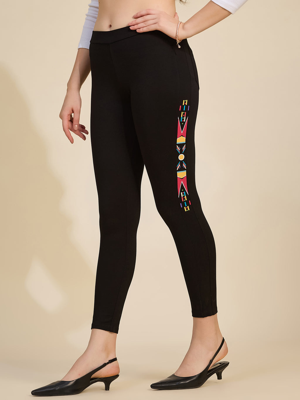 Black Women's High-Rise Printed Detail Ponte Roma Leggings