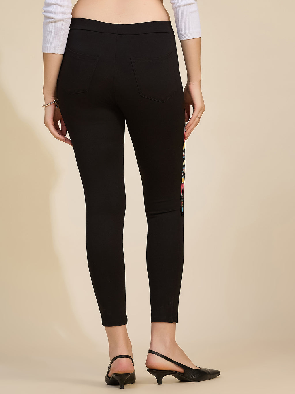 Black Women's High-Rise Printed Detail Ponte Roma Leggings