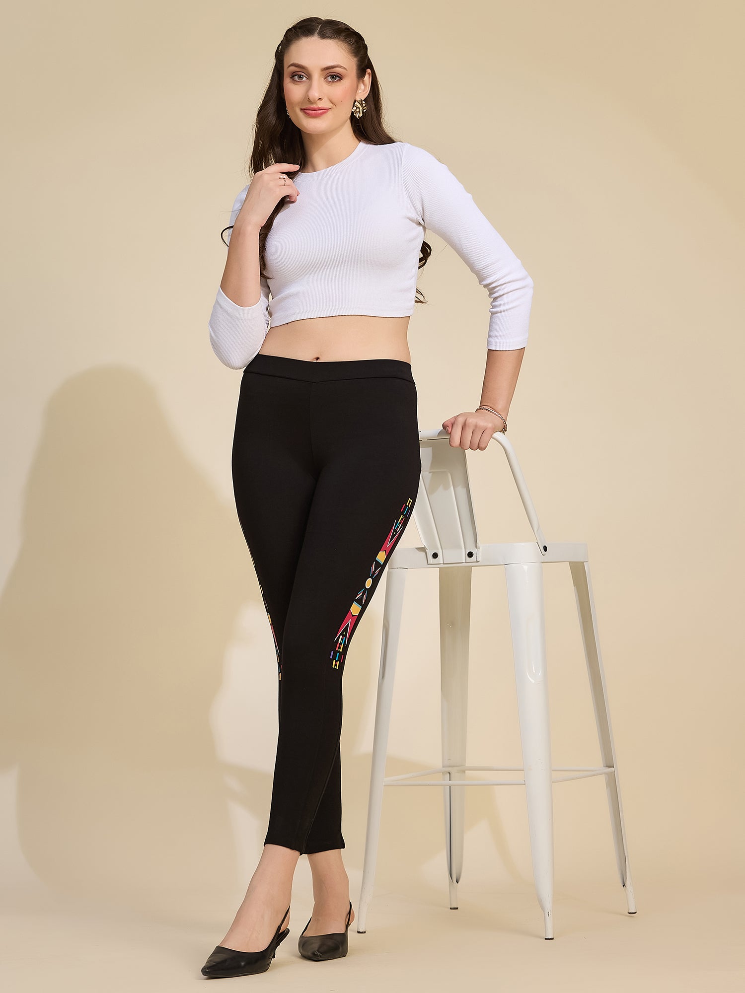 Black Women's High-Rise Printed Detail Ponte Roma Leggings
