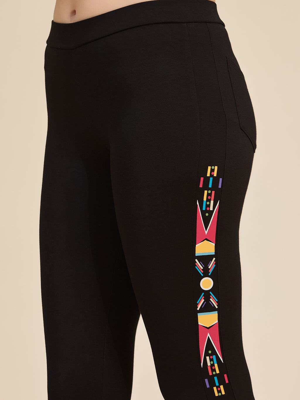 Black Women's High-Rise Printed Detail Ponte Roma Leggings