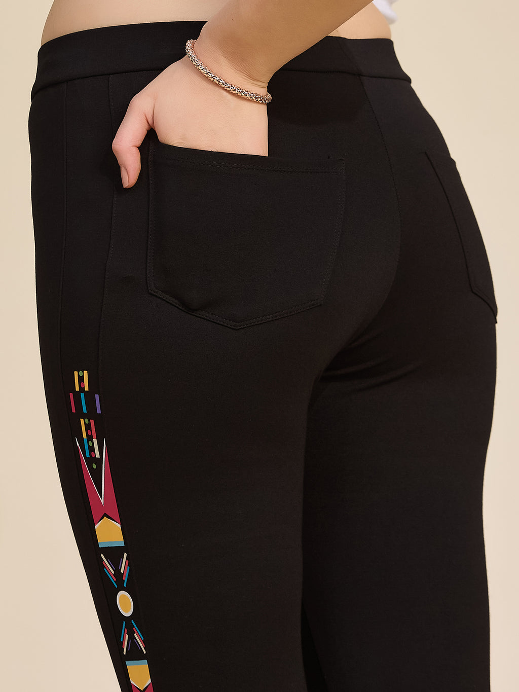Black Women's High-Rise Printed Detail Ponte Roma Leggings