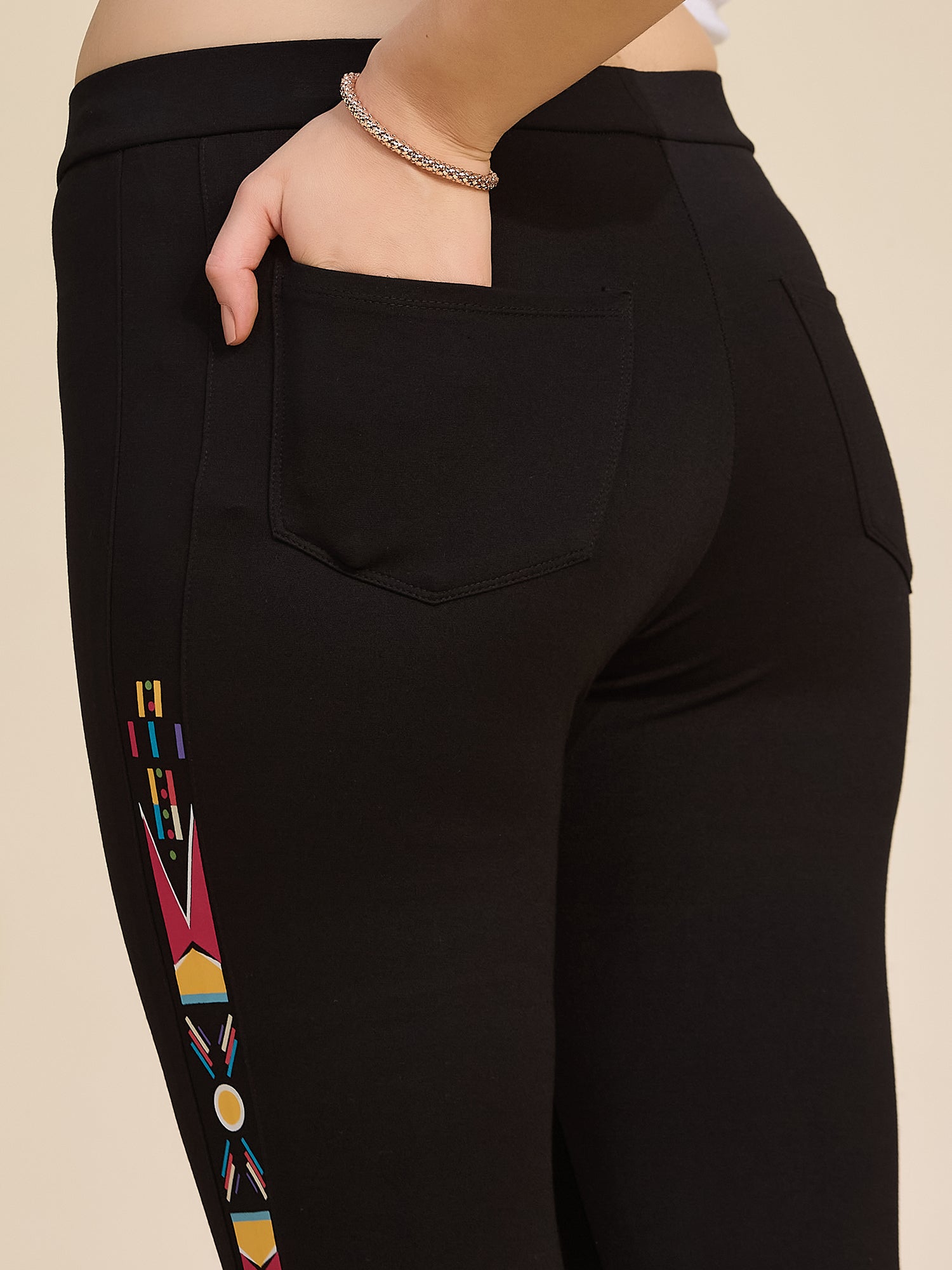 Black Women's High-Rise Printed Detail Ponte Roma Leggings