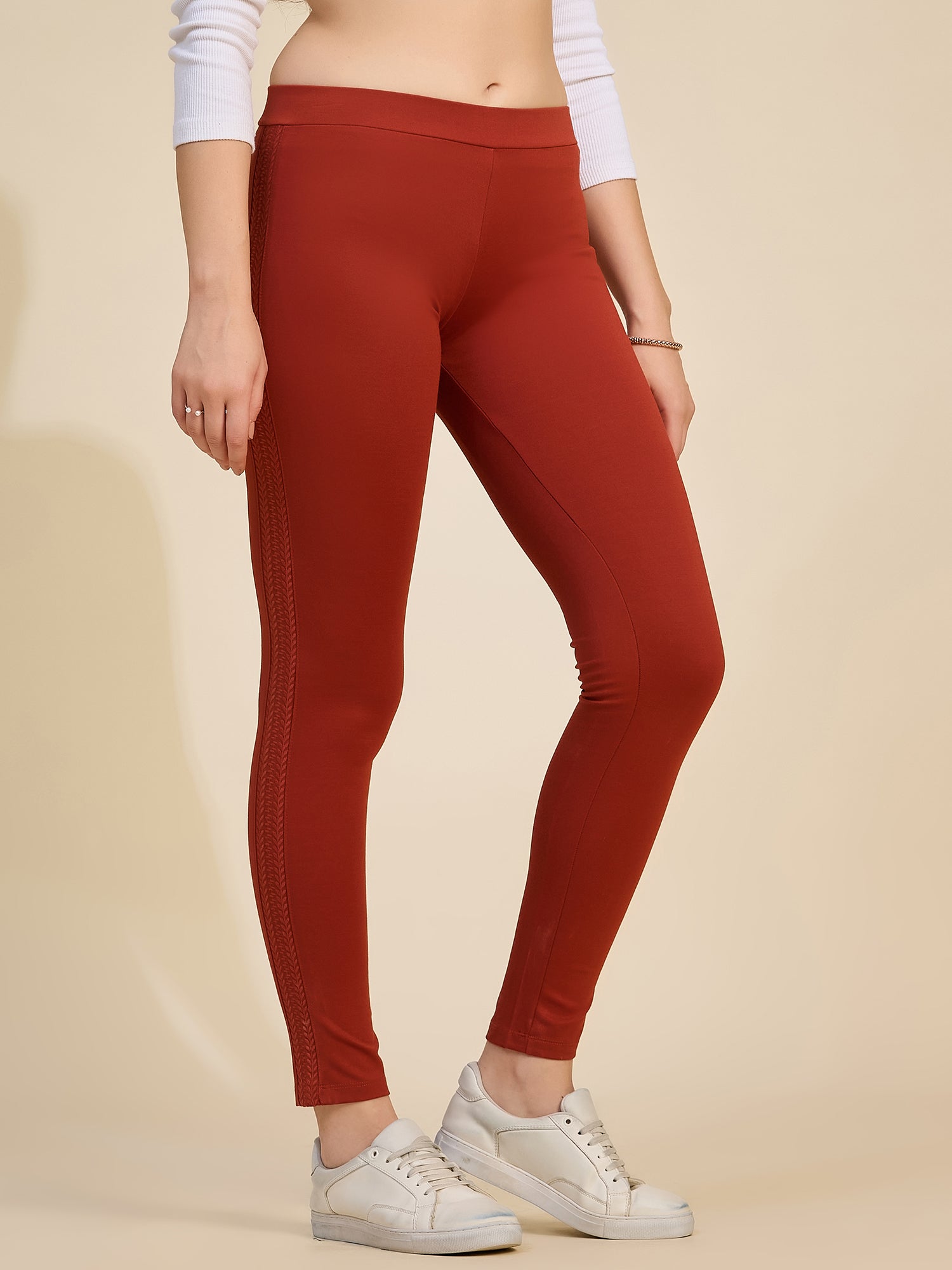 Rust Women's High-Rise Textured Side Panel Ponte Roma Leggings
