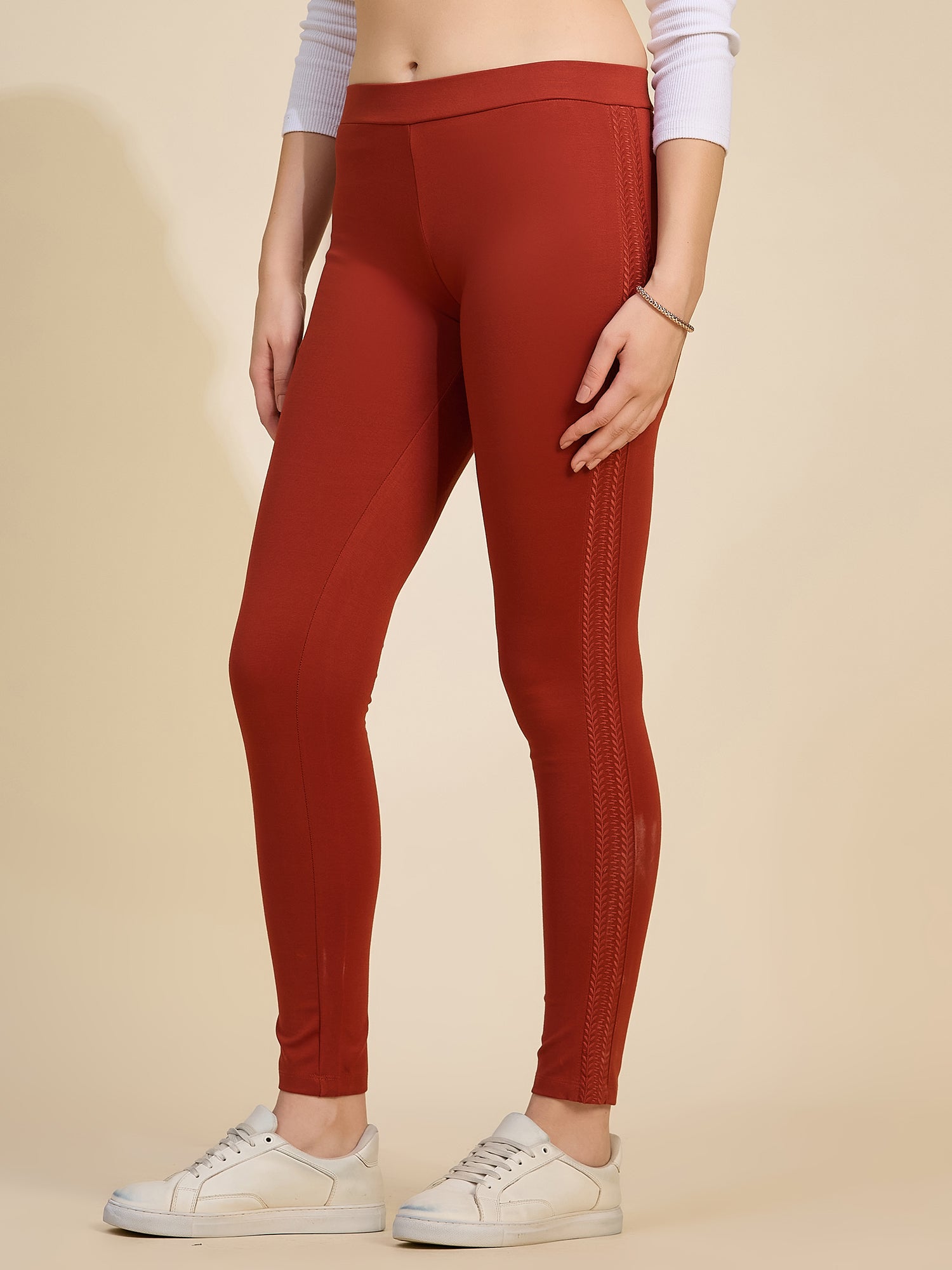 Rust Women's High-Rise Textured Side Panel Ponte Roma Leggings