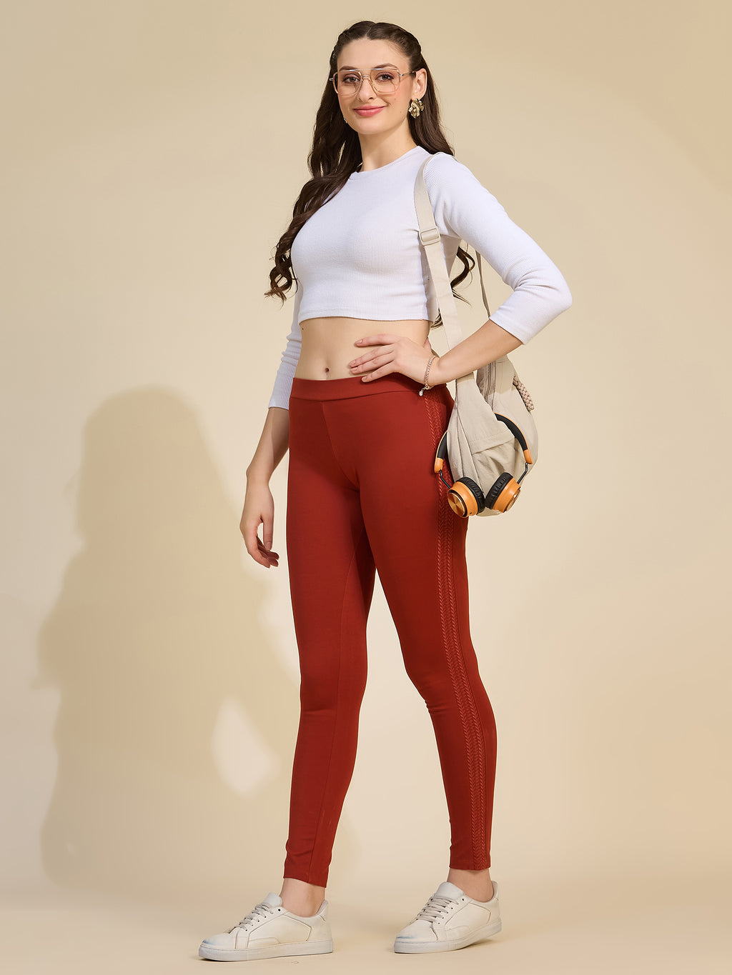 Rust Women's High-Rise Textured Side Panel Ponte Roma Leggings
