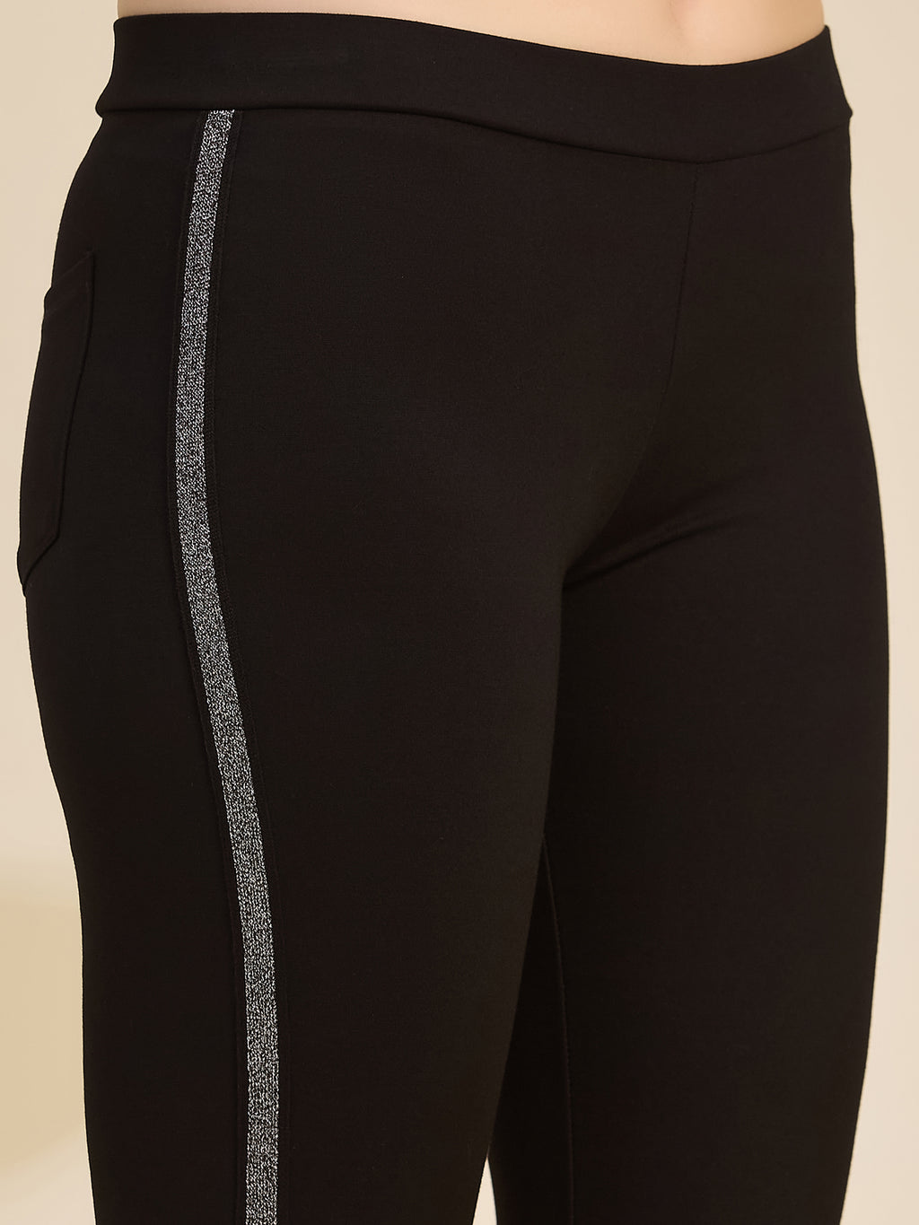 Black Women's High-Rise Glitter Side Stripe Ponte Roma Leggings
