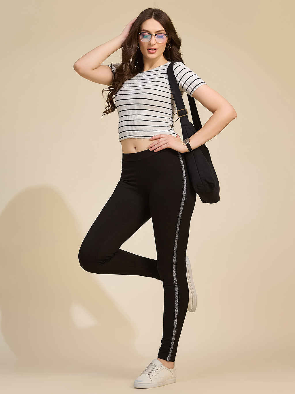 Black Women's High-Rise Glitter Side Stripe Ponte Roma Leggings