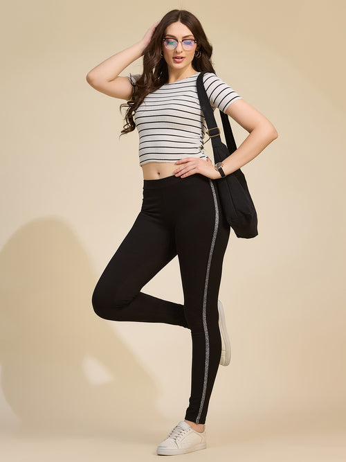 Black Women's High-Rise Glitter Side Stripe Ponte Roma Leggings