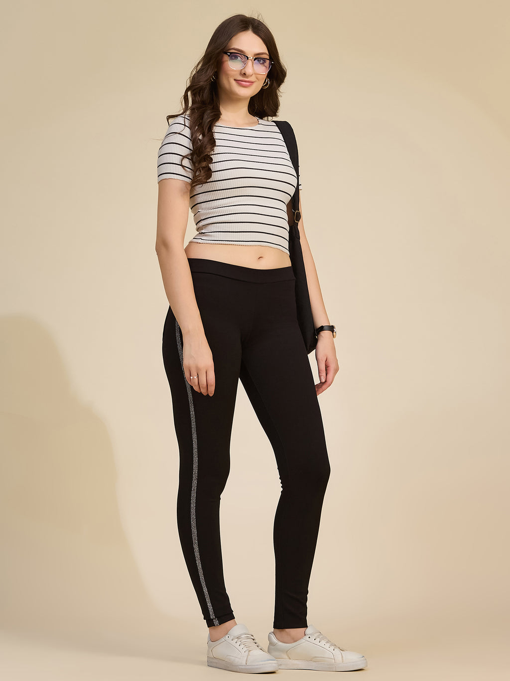 Black Women's High-Rise Glitter Side Stripe Ponte Roma Leggings